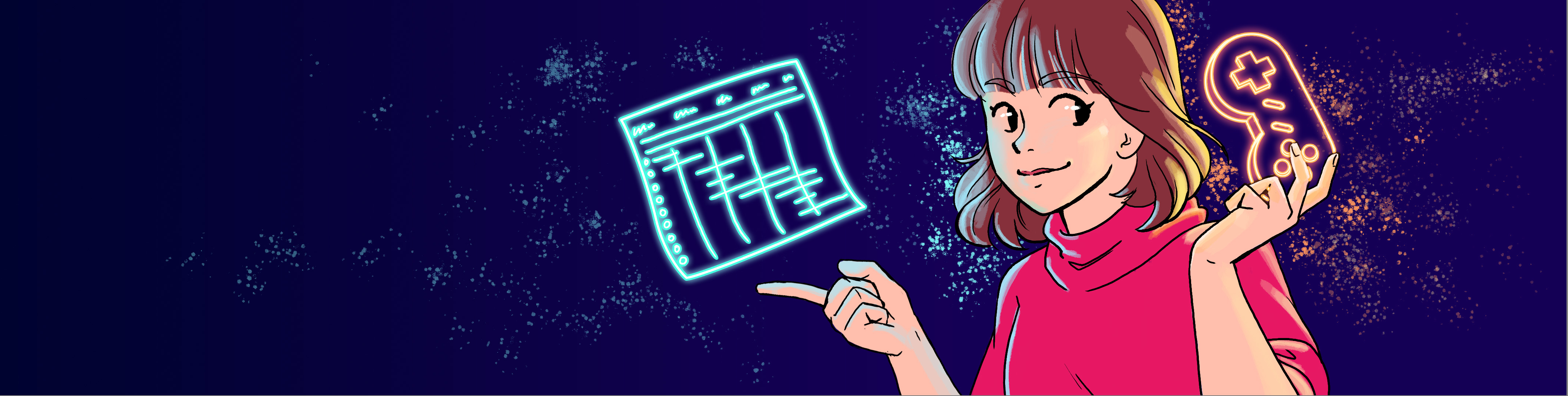 Illustration of a game development consultant with data and a controller