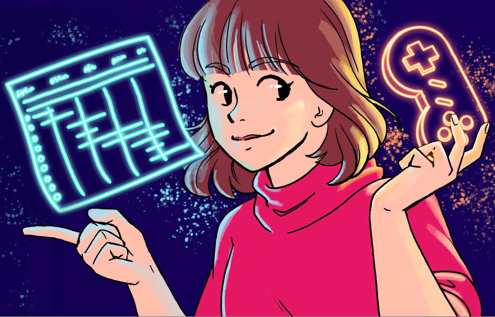 Illustration of a game development consultant with data and a controller